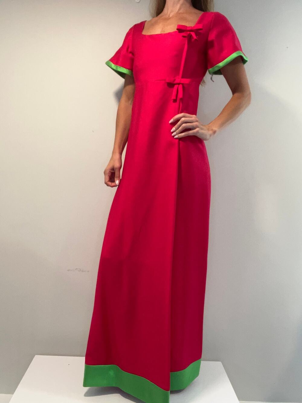 Vintage 1960s-70s Union Made Column Gown Hot Pink Green Contrast Trim JL